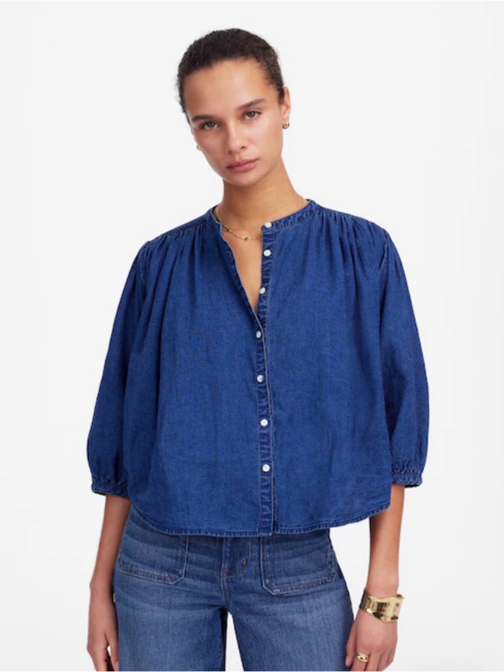 Size Small, EUC, Madewell Balloon Sleeve,Indigo Denim Button-Front Peasant Shirt